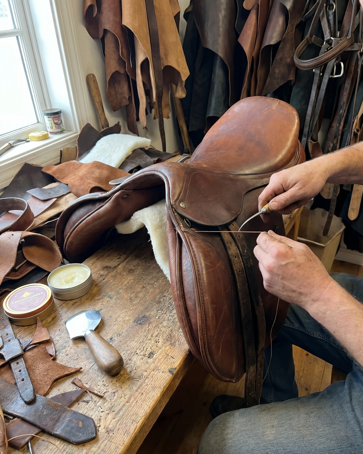 Manos cosiendo a mano una silla de montar en el taller